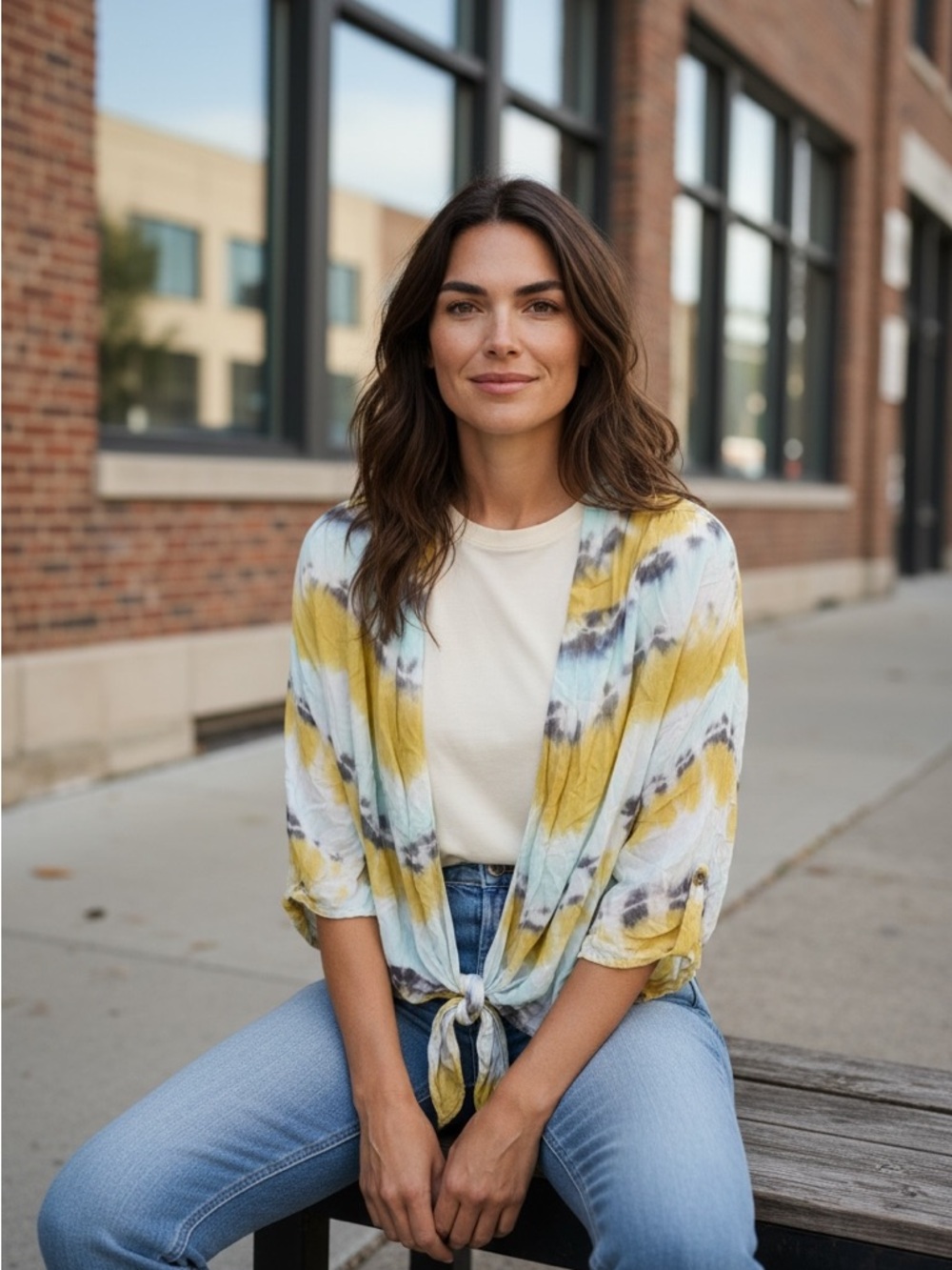 Young Fabulous & Broke Front-Tie Tie-Dye Blouse in Yellow, Light Blue & Gray - Picture 2 of 10